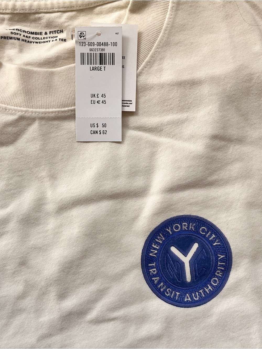 Abercrombie & Fitch White Short Sleeve Tee with Blue NYC Transit Patch